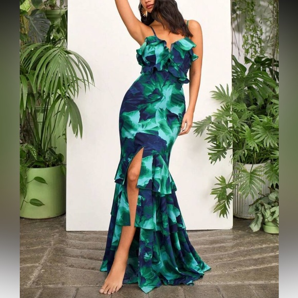 Boho froral lace up back ruffle hem party wedding maxi dress